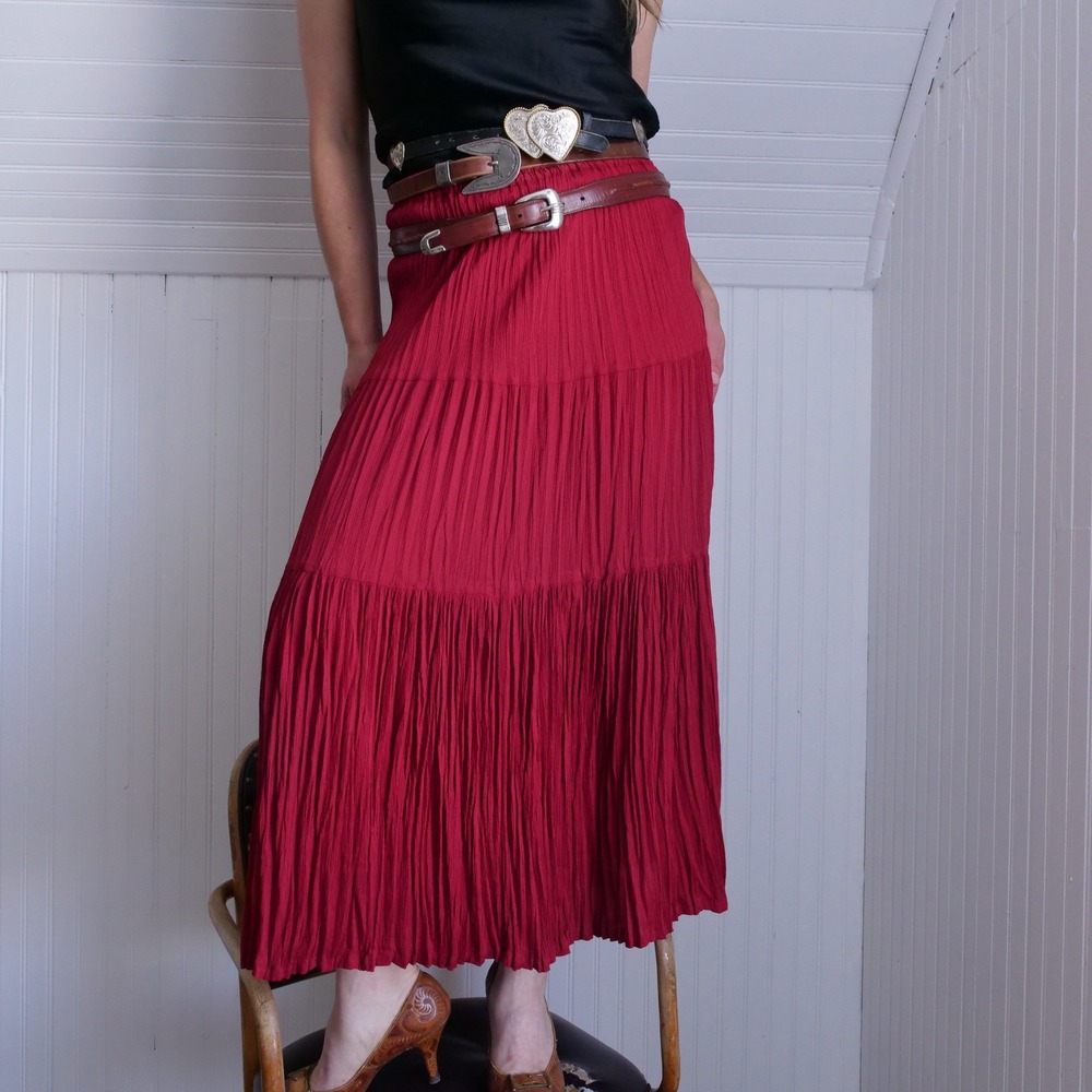 Vintage 90s/y2k Back In The Saddle red crinkle pleated western broom skirt